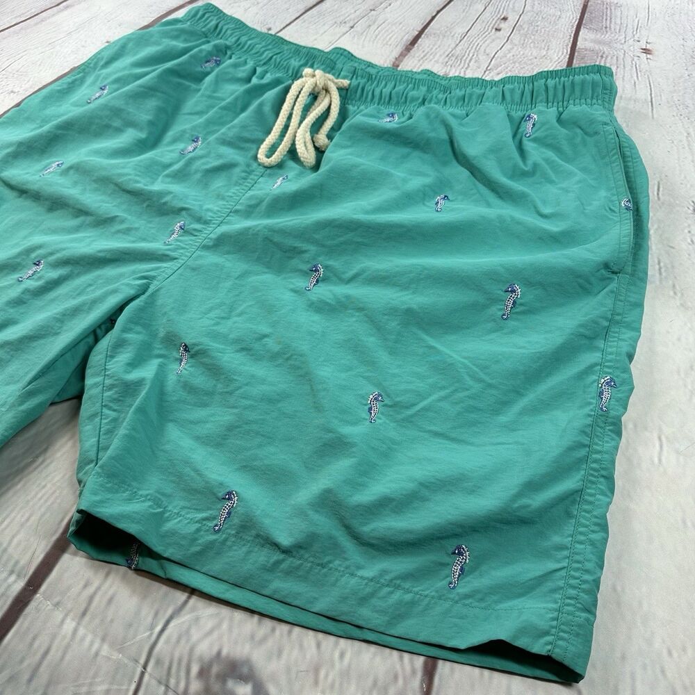 J. McLaughlin Mens Teal Seahorse Embroidery Swim Trunks XL